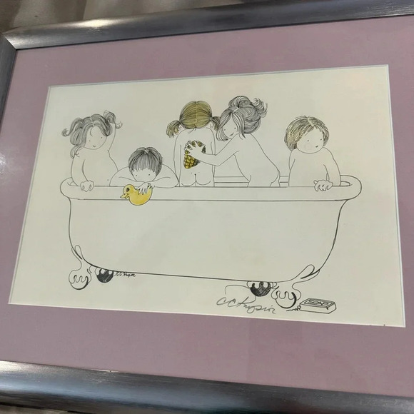 Cathe Physico signed Lithograph Bath Time 1980s Framed Matted - Picture 5 of 8